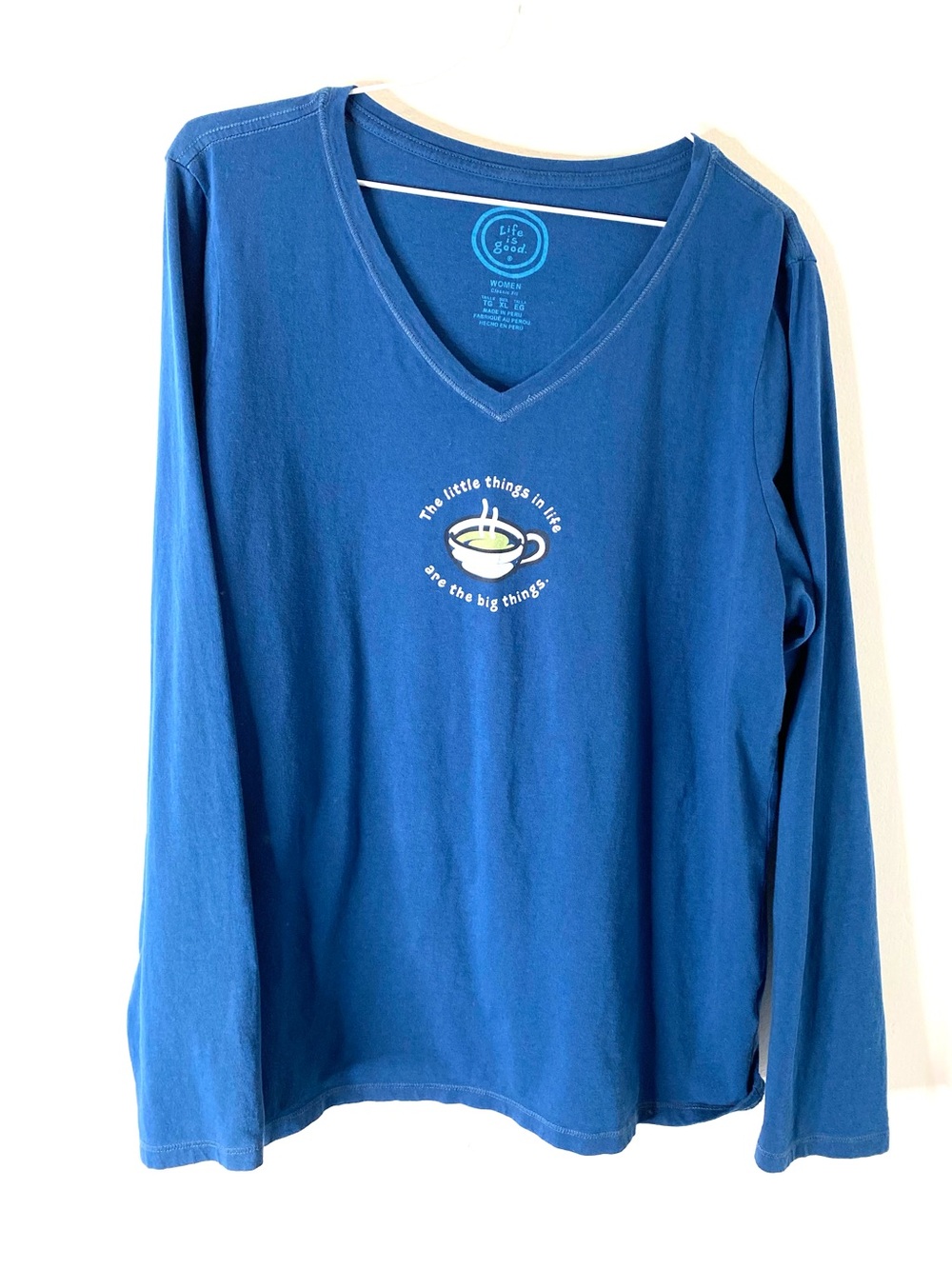 Life Is Good Blue V Neck Long Sleeve Tee Coffee Graphic Classic Fit